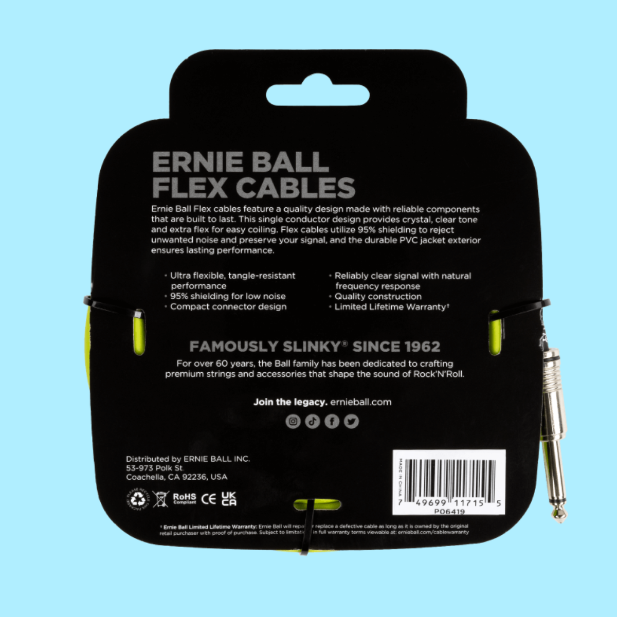 Ernie Ball Flex Instrument Cable Straight/Straight (20ft in Green)