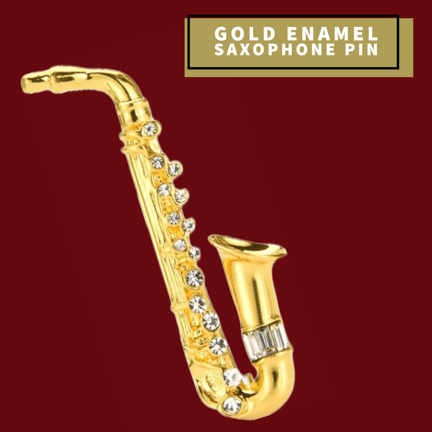 Gold Enamel Saxophone Pin with Rhinestones