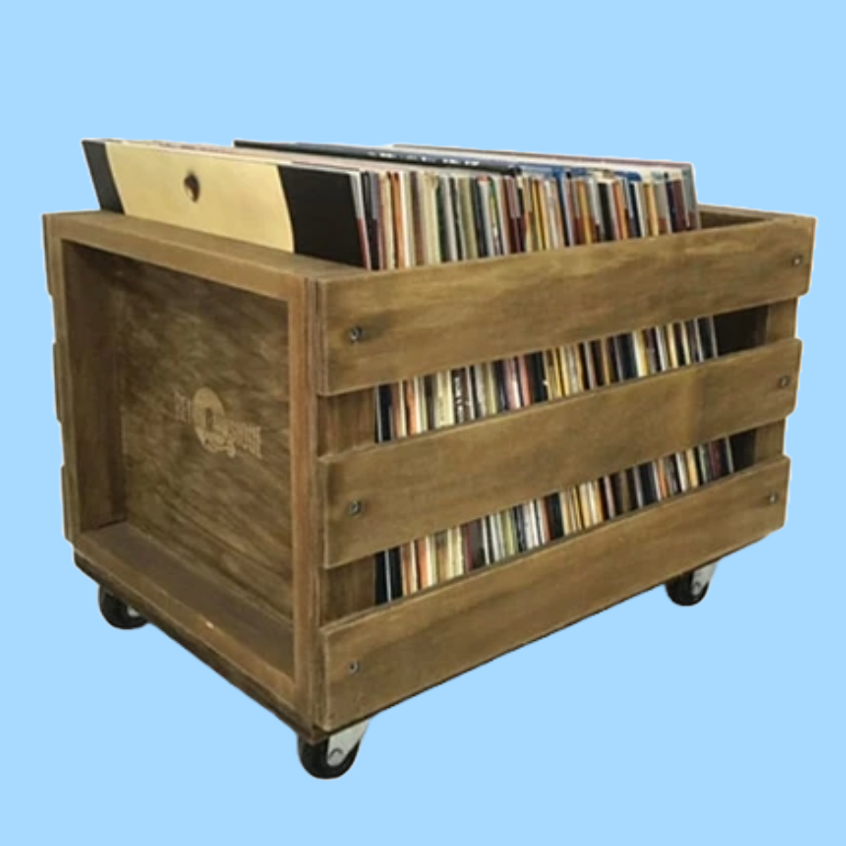Wooden Vinyl Storage Crate on Wheels with Hessian Dust Cover - Teak