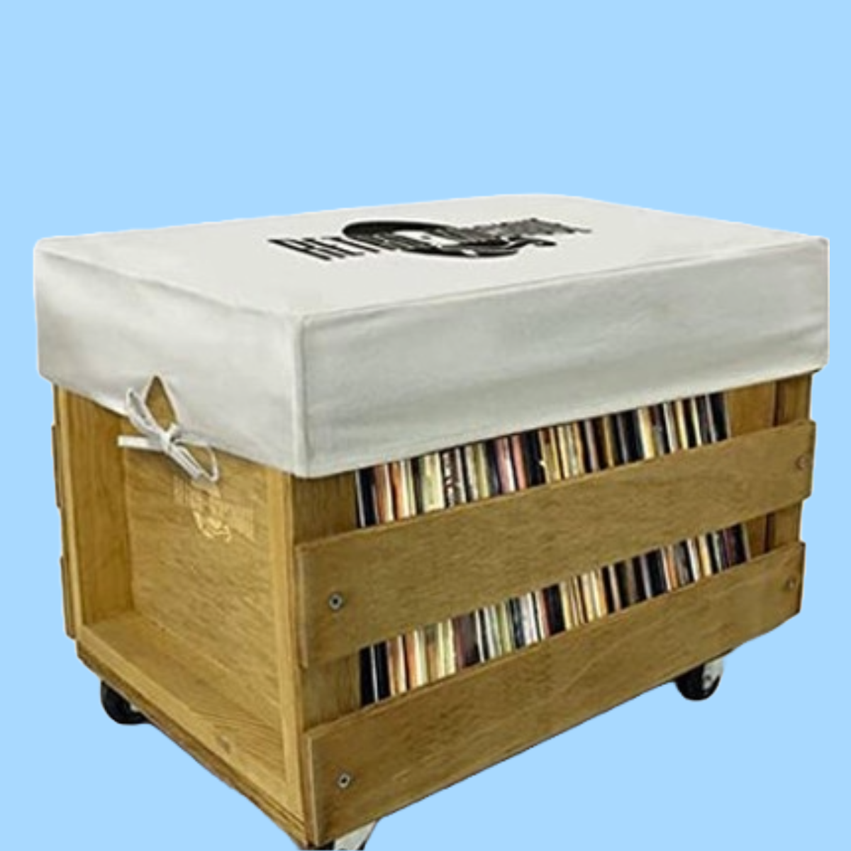 Wooden Vinyl Storage Crate on Wheels with Hessian Dust Cover - Teak