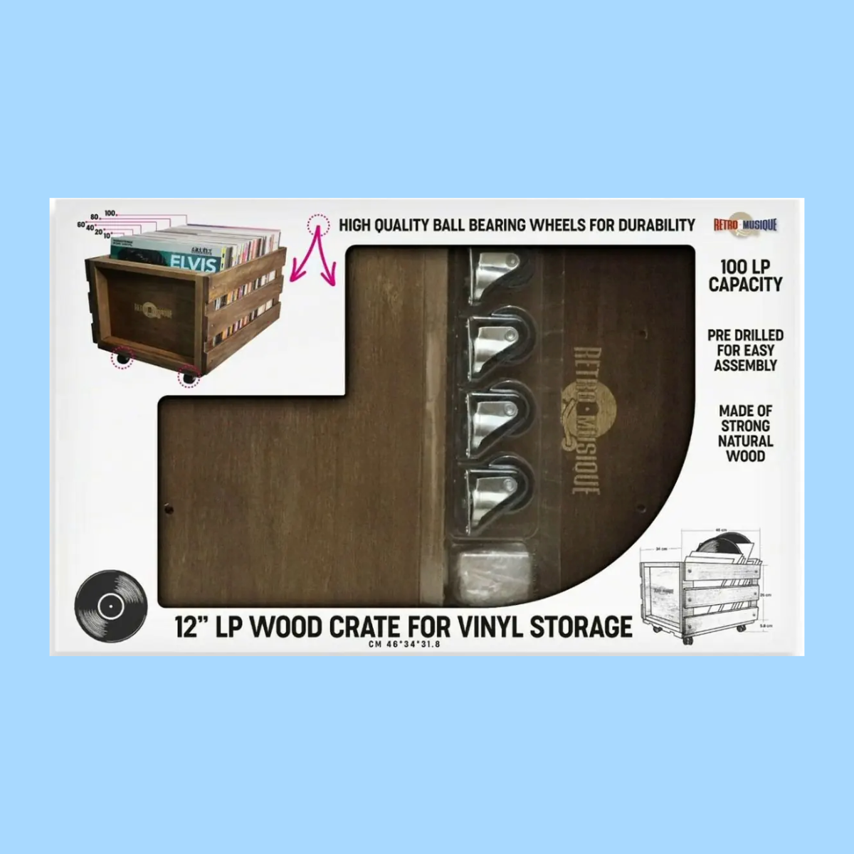 Retro-Musique - 12" Wooden LP Vinyl Crate - Holds 100 Records