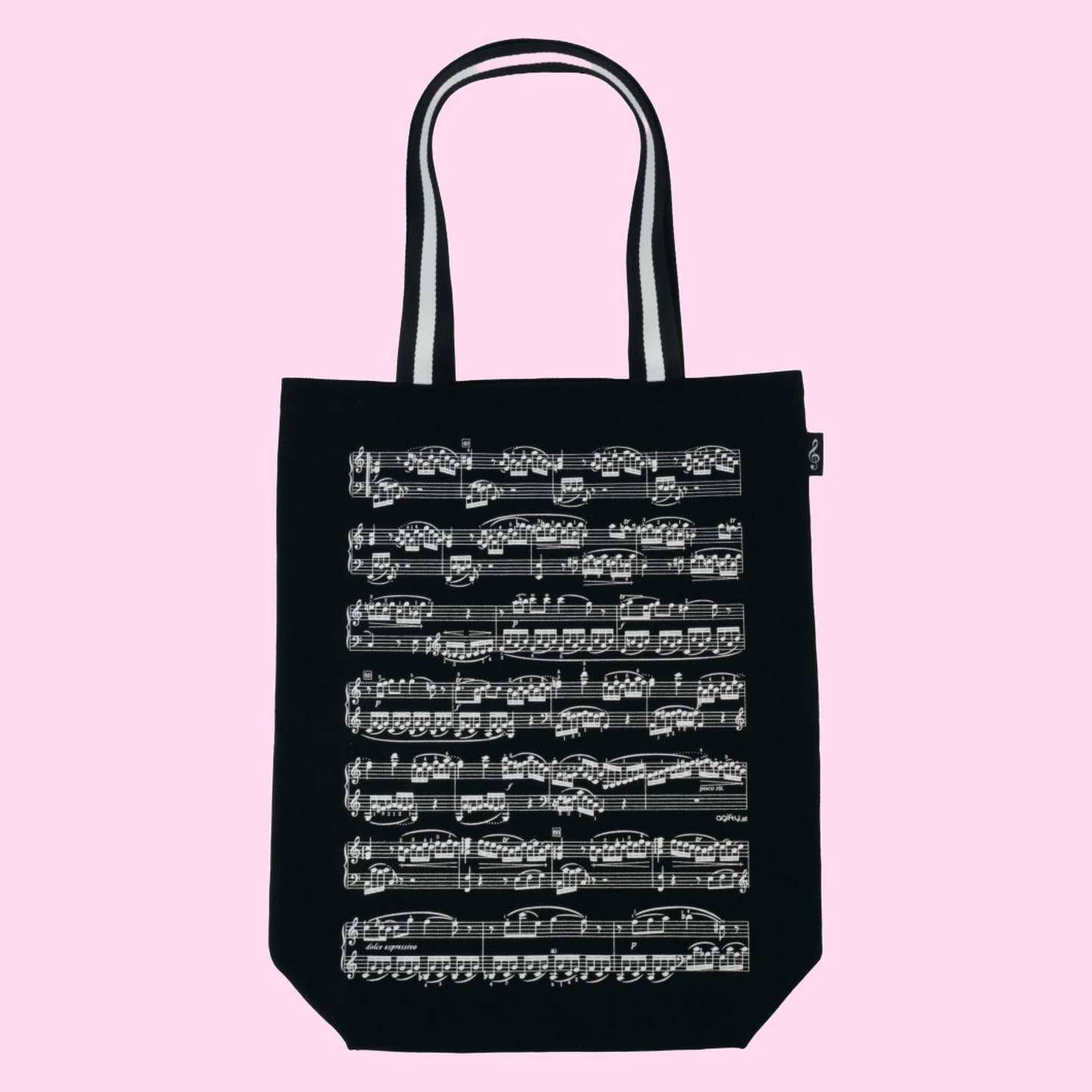 Black Canvas Sheet Music City Shopper Tote Bag with Striped Handles