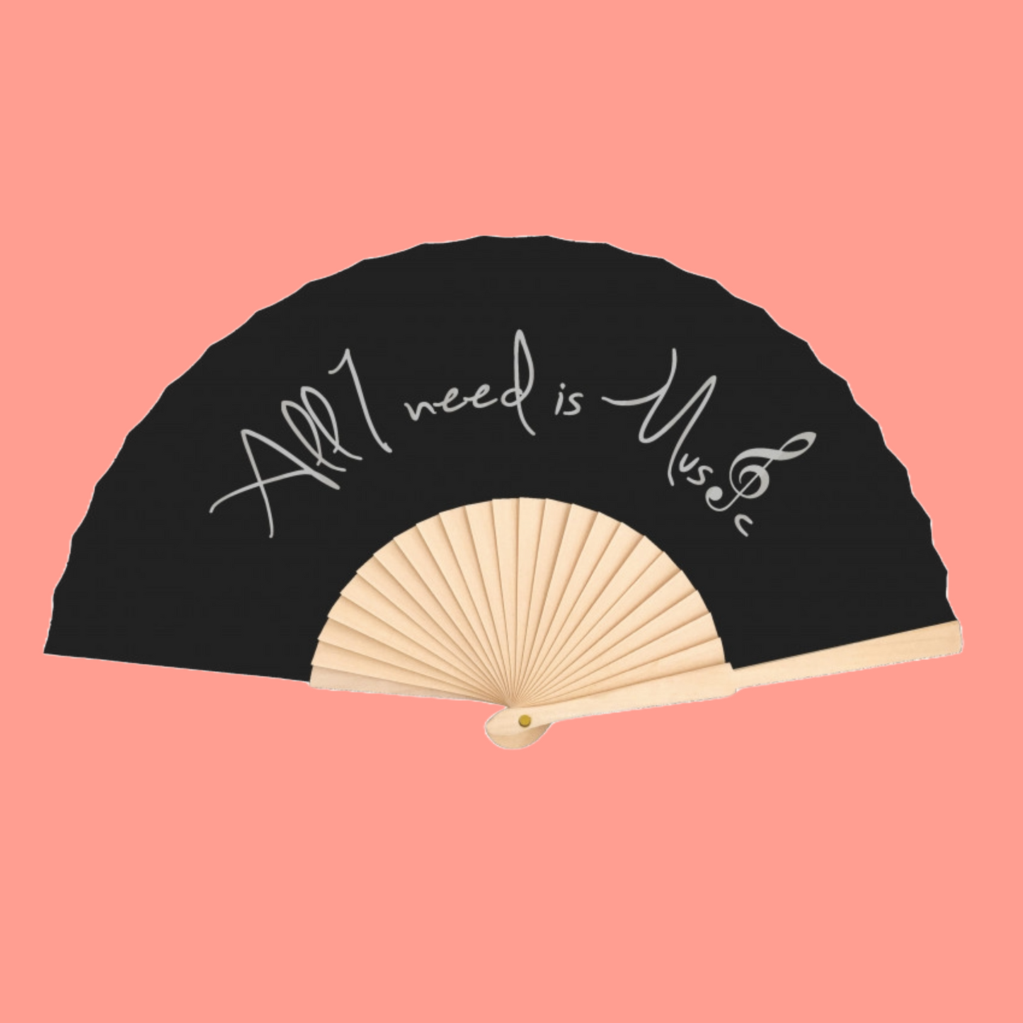 Hand Held Fan with Silver Writing "All I Need is Music" Design
