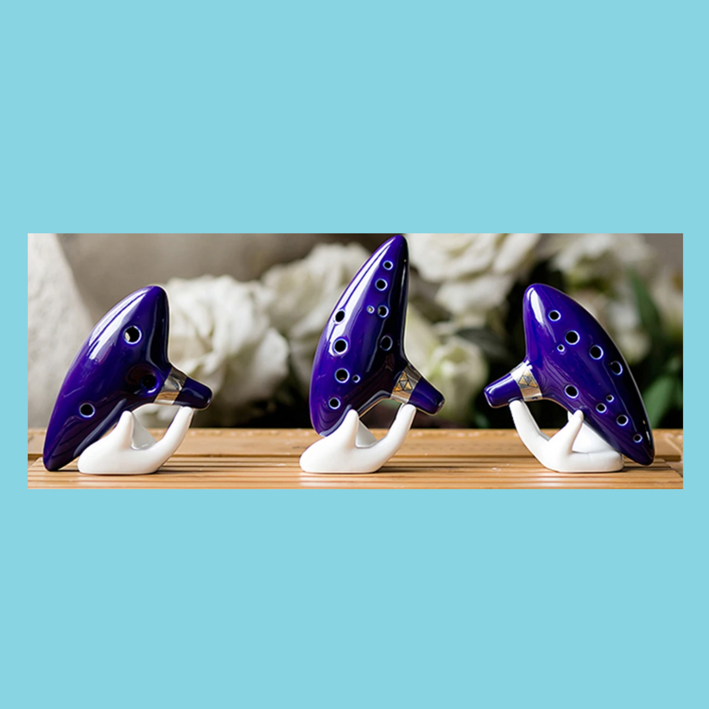 Ceramic 12 Hole Ocean Blue Ocarina with Display Stand, Bag and Songbook
