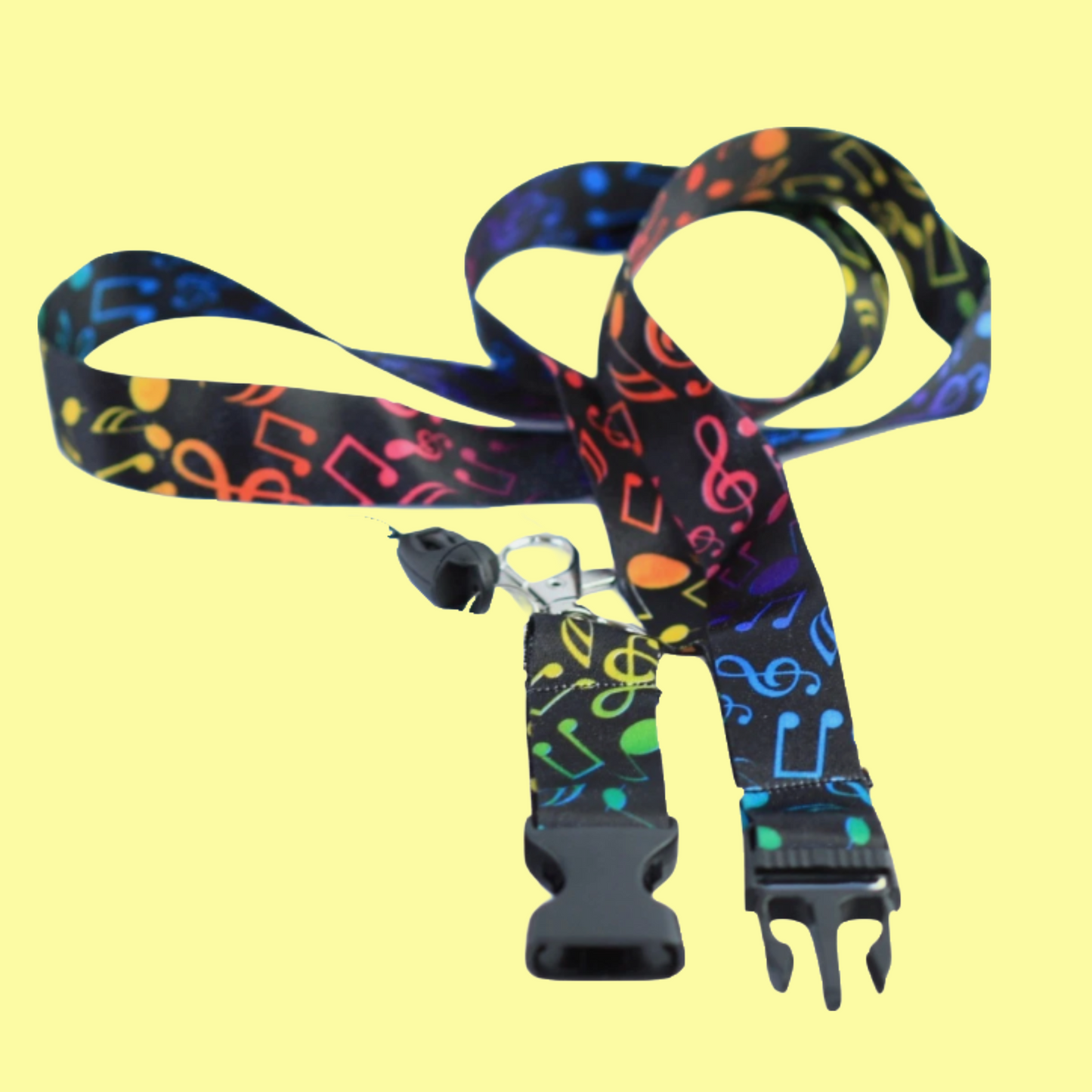 Black Lanyard With Multi Coloured Music Notes and Removable Clip (50cm)
