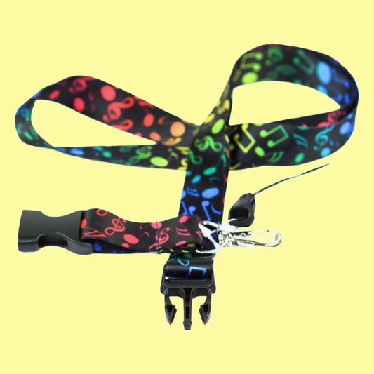 Black Lanyard With Multi Coloured Music Notes and Removable Clip (50cm)