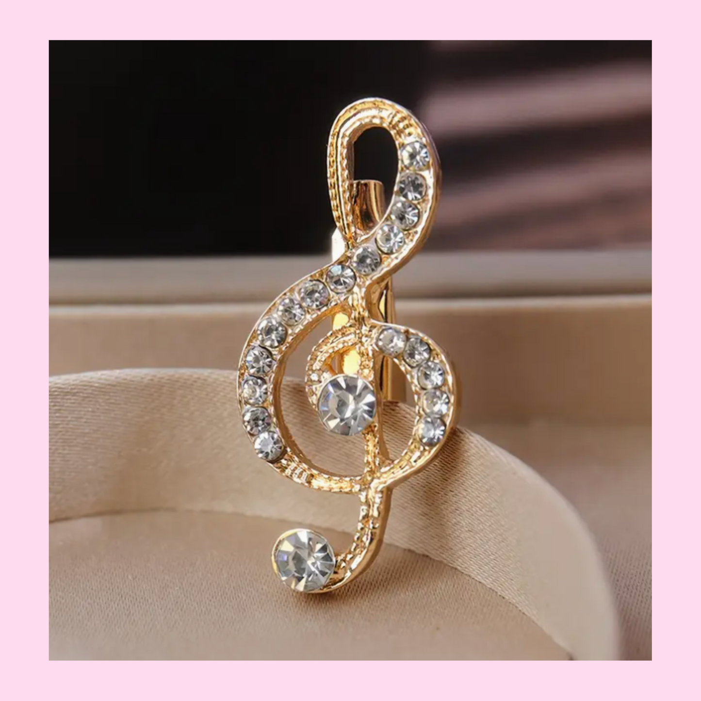 Gold Treble Clef Pin with White Rhinestones