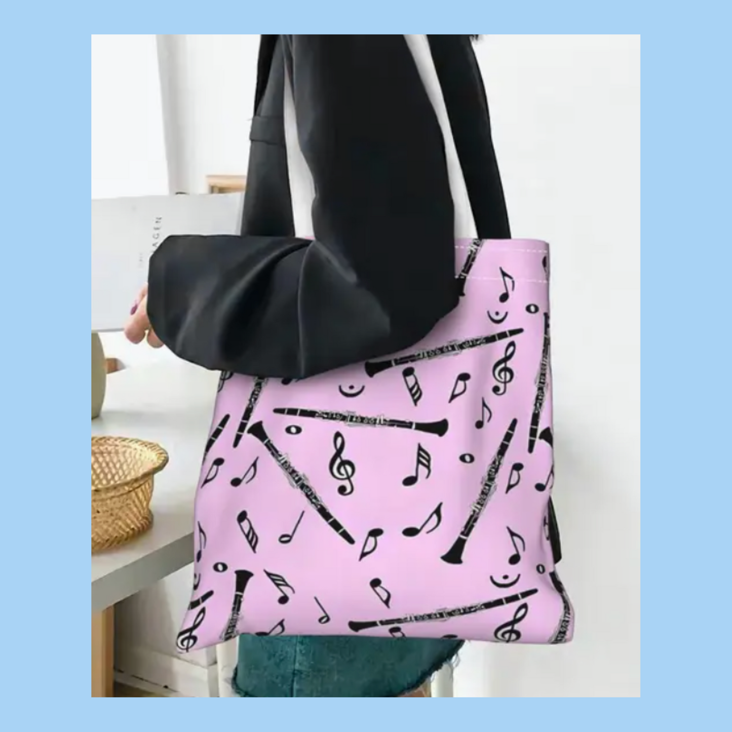 Pink & Black Clarinet and Music Note Tote Bag