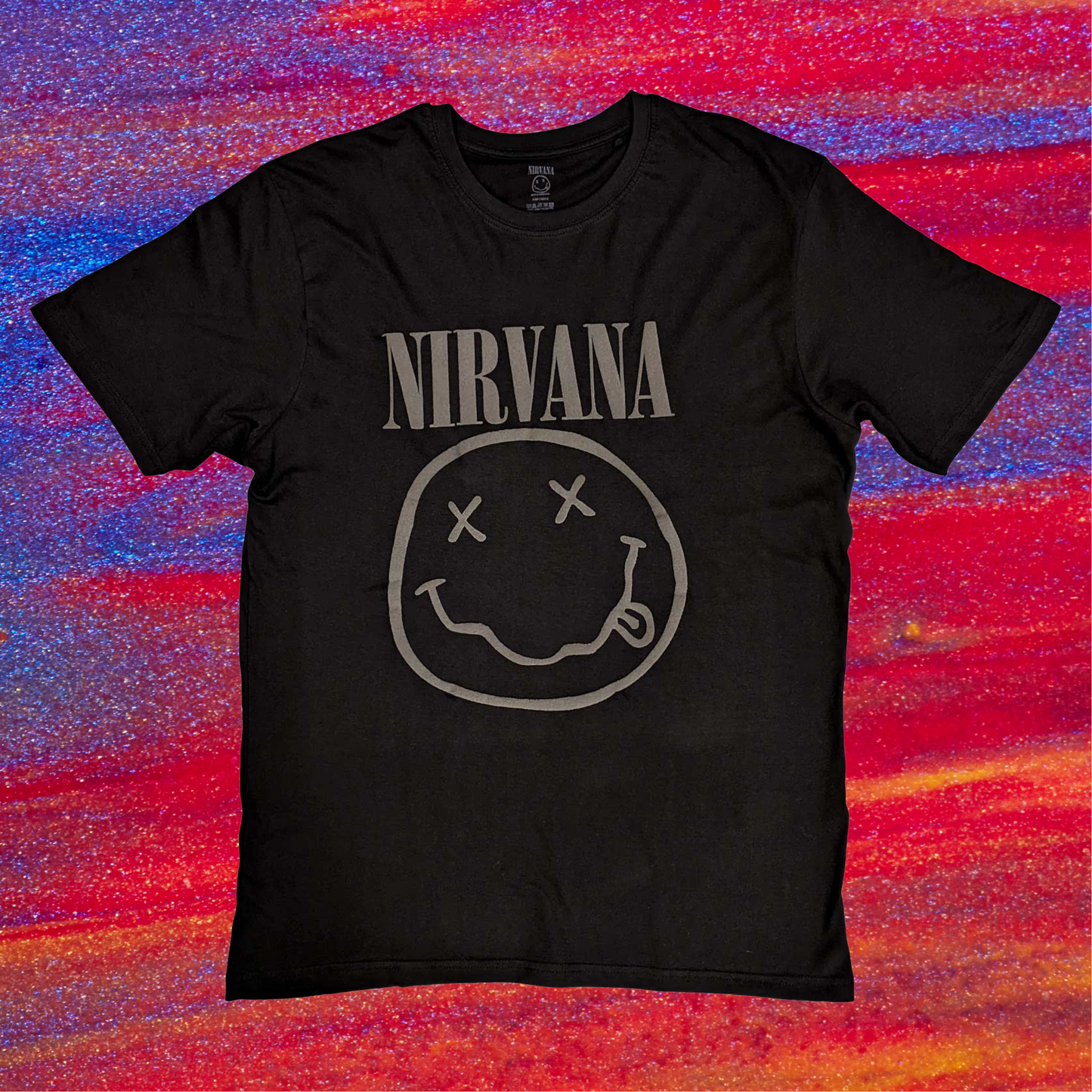 Nirvana -Black Happy Face T-Shirt with Front Print - (Sml - XXL) 100% Cotton