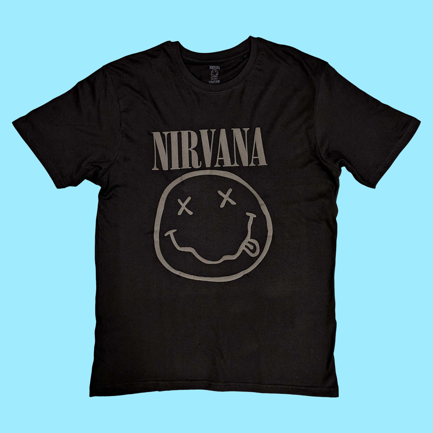 Nirvana -Black Happy Face T-Shirt with Front Print - (Sml - XXL) 100% Cotton