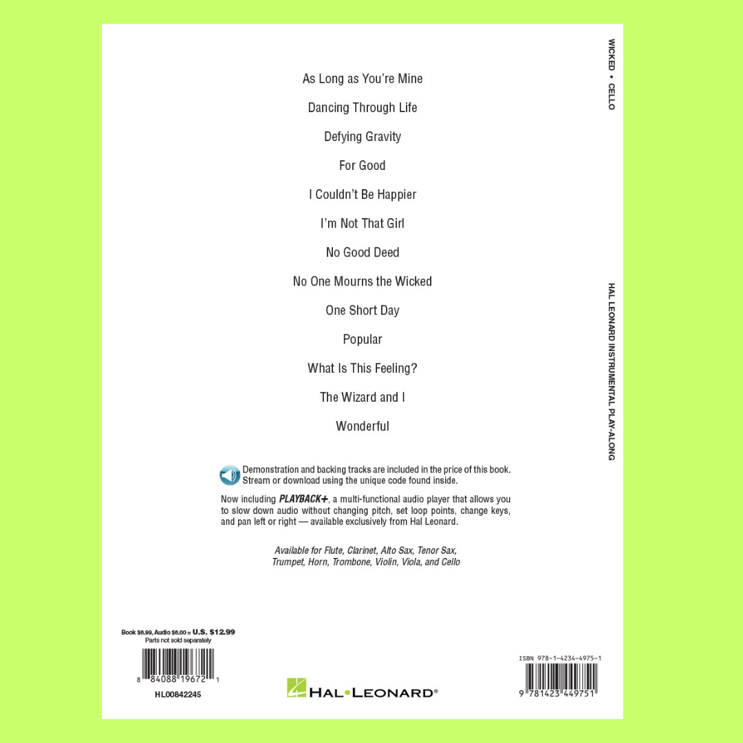 Wicked A New Musical For Cello Play Along Book/Ola (Arriving Early Jan)