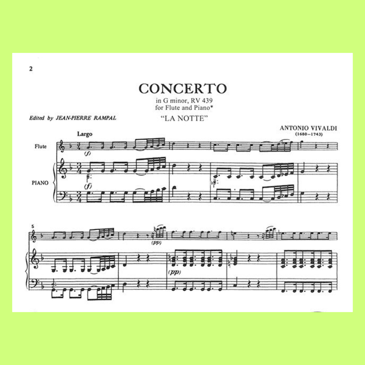 Vivaldi - Concerto in G Minor F VI No 13 (La Notte) Flute with Piano Accompaniment Book