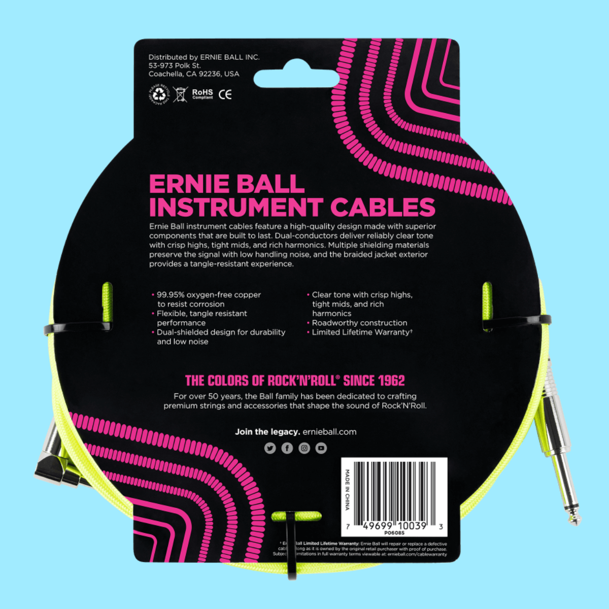 Ernie Ball 5.5 Metre Braided Straight / Angle Instrument Cable (Neon Yellow)