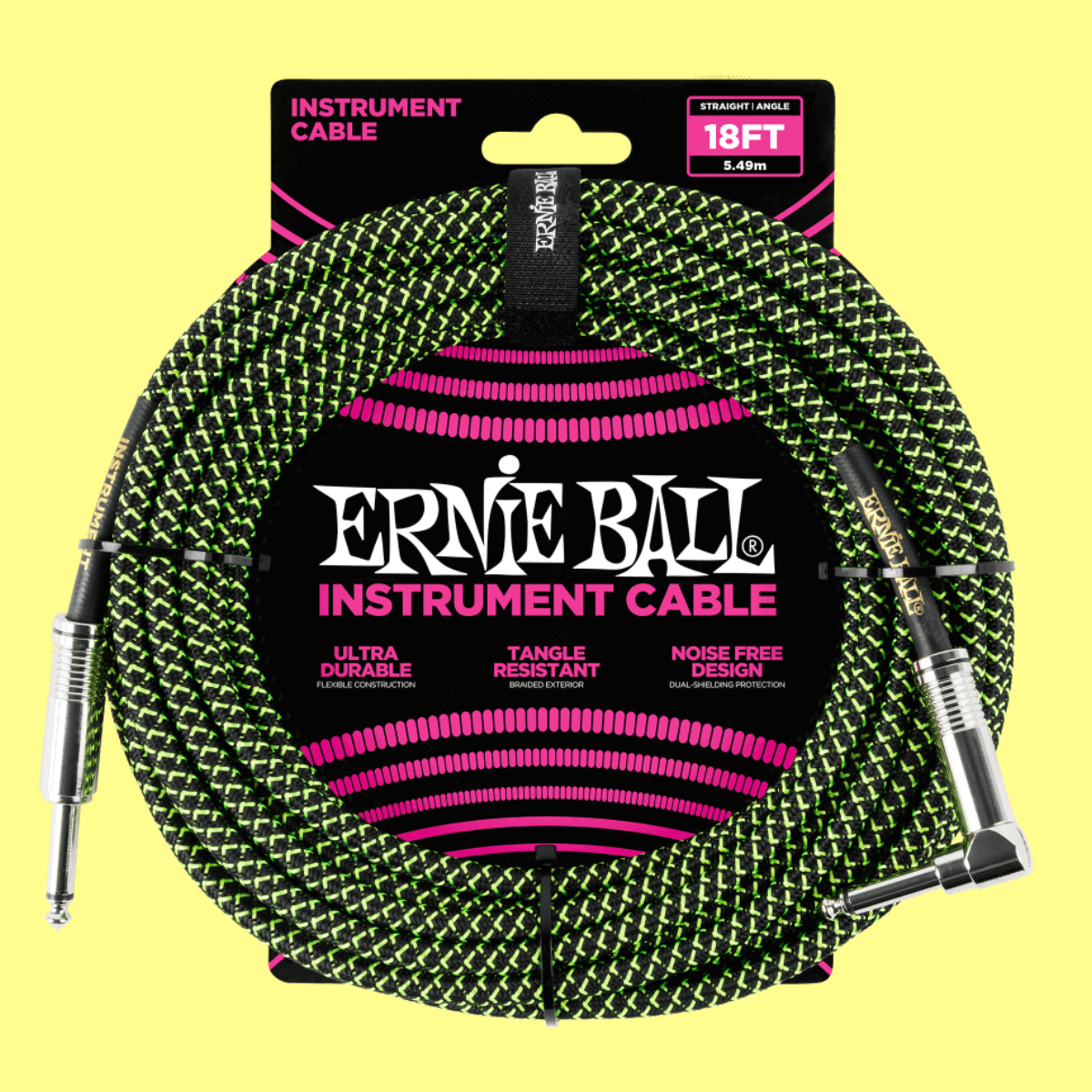 Ernie Ball 5.5 Metre Braided Straight / Angle Instrument Cable (Black/Green)
