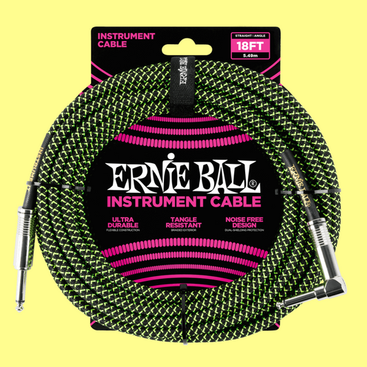 Ernie Ball 5.5 Metre Braided Straight / Angle Instrument Cable (Black/Green)