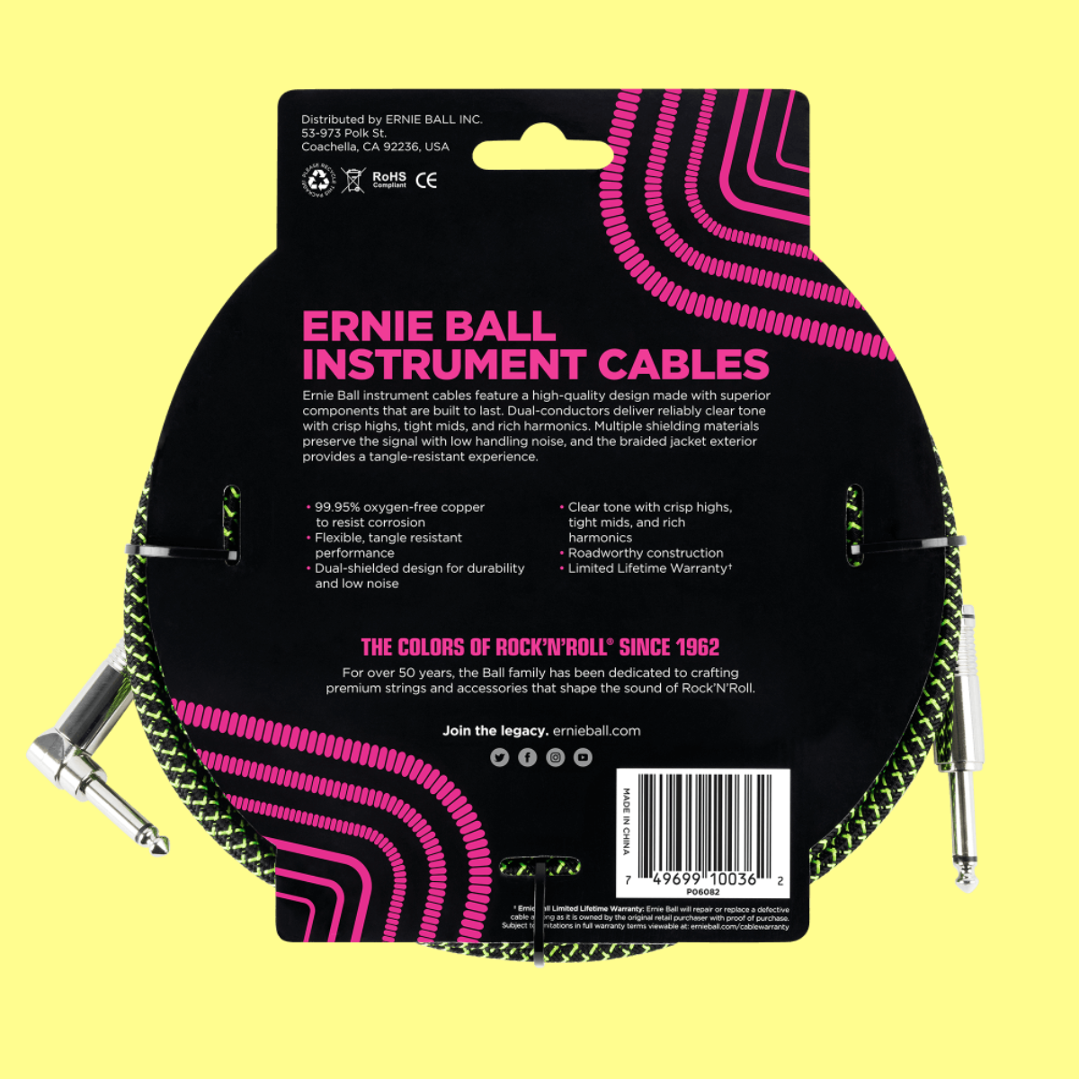 Ernie Ball 5.5 Metre Braided Straight / Angle Instrument Cable (Black/Green)