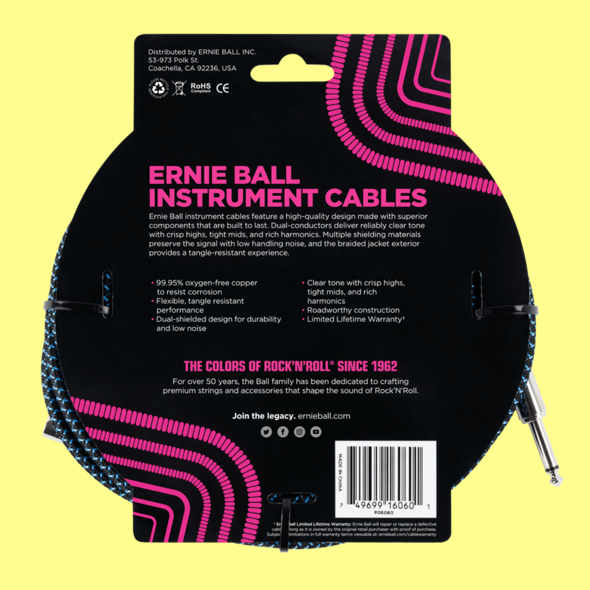 Ernie Ball 7.5 Metre Braided Straight / Angle Instrument Cable (Blue/Black)