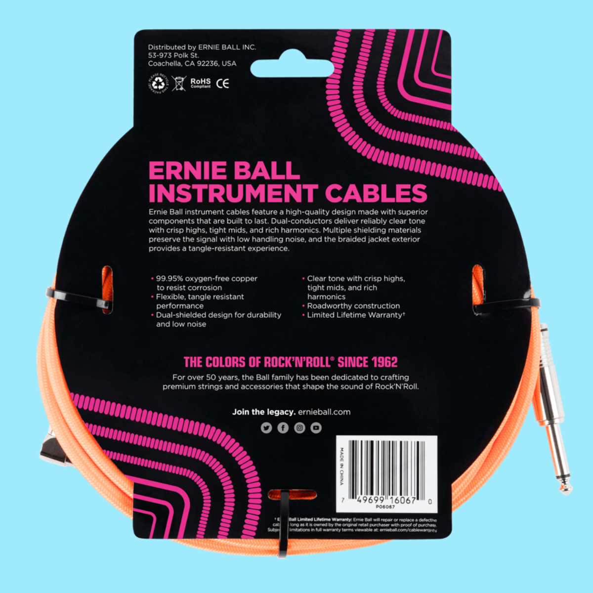 Ernie Ball 7.5 Metre Braided Straight / Angle Instrument Cable (Neon Orange)