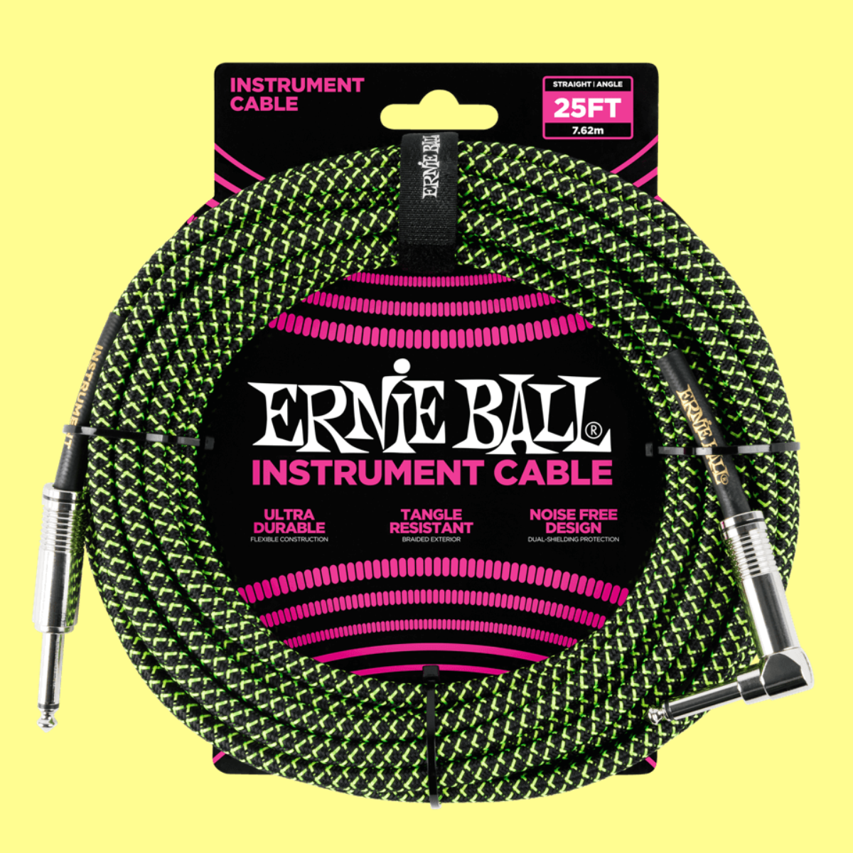 Ernie Ball 7.5 Metre Braided Straight / Angle Instrument Cable (Black/Green)