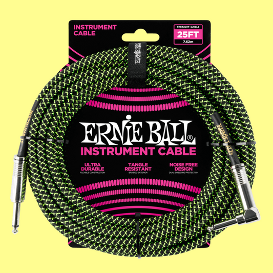 Ernie Ball 7.5 Metre Braided Straight / Angle Instrument Cable (Black/Green)