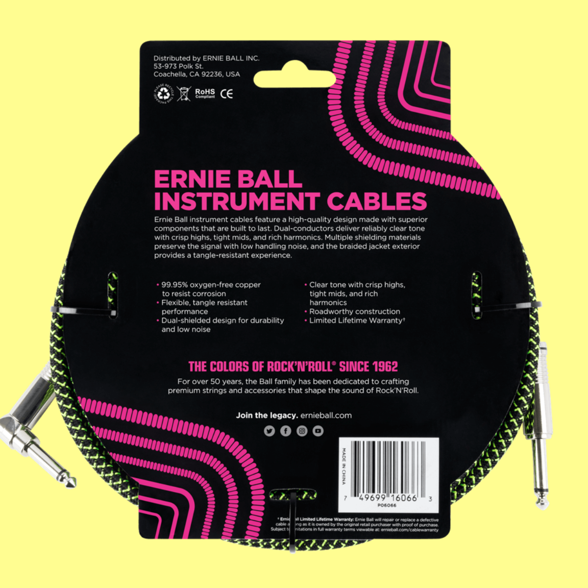 Ernie Ball 7.5 Metre Braided Straight / Angle Instrument Cable (Black/Green)