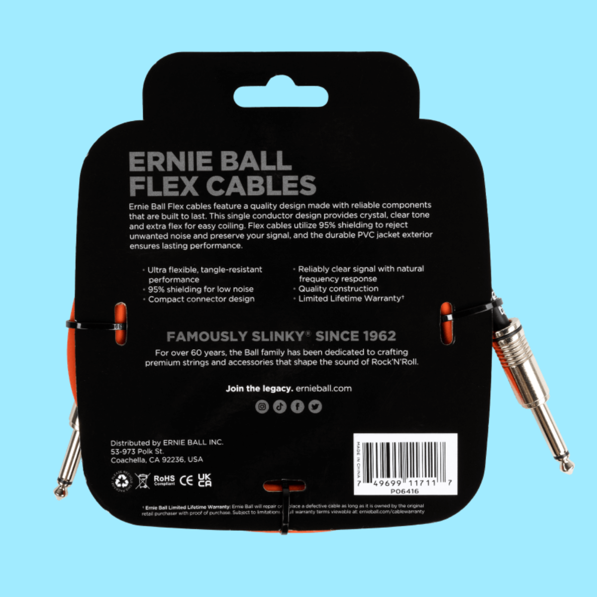 Ernie Ball Flex Instrument Cable Straight/Straight 10ft - Orange