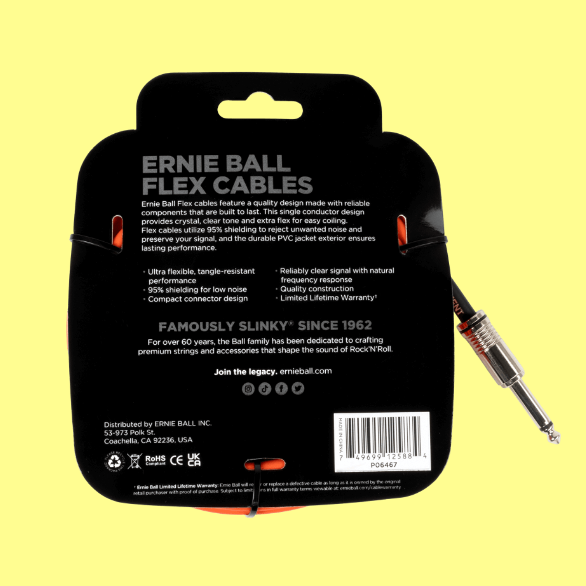 Ernie Ball Flex Instrument Cable Straight/Straight (20ft in Orange)