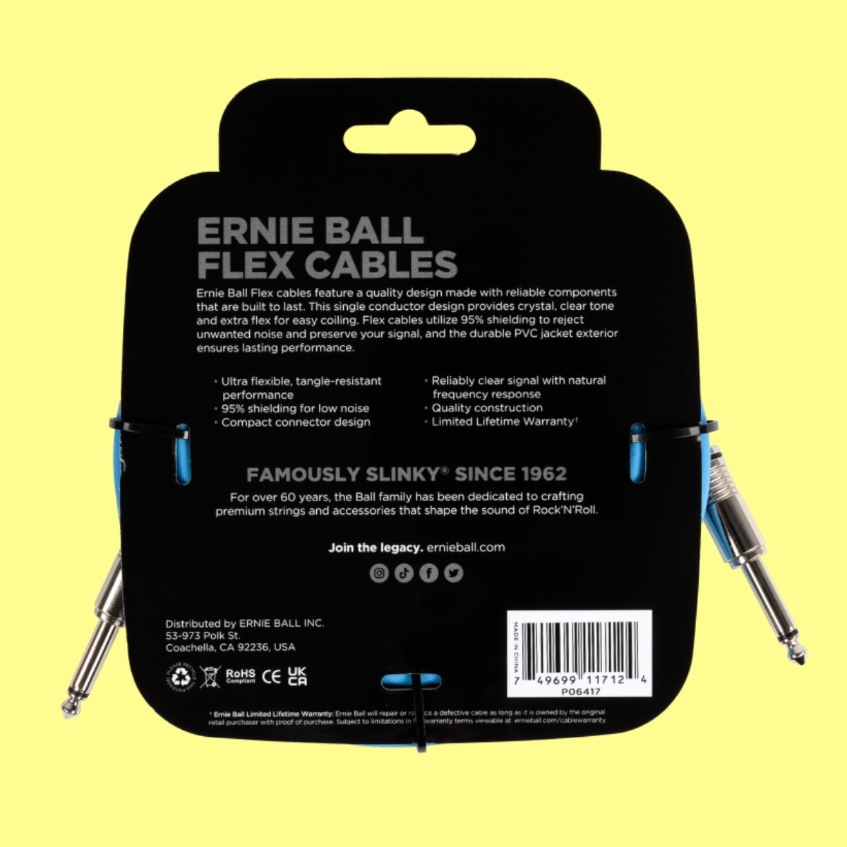 Ernie Ball Flex Instrument Cable Straight/Straight (20ft in Blue)