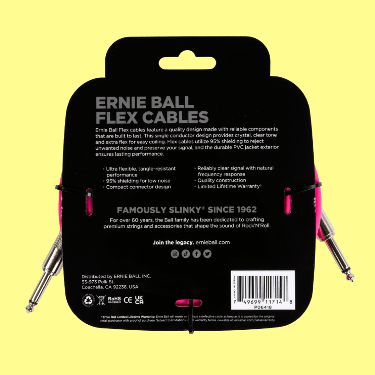Ernie Ball Flex Instrument Cable Straight/Straight (20ft in Pink)