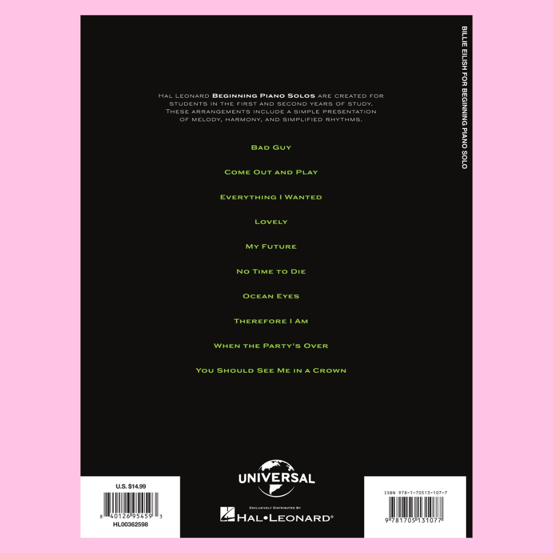 Billie Eilish For Beginning Piano Solo Songbook