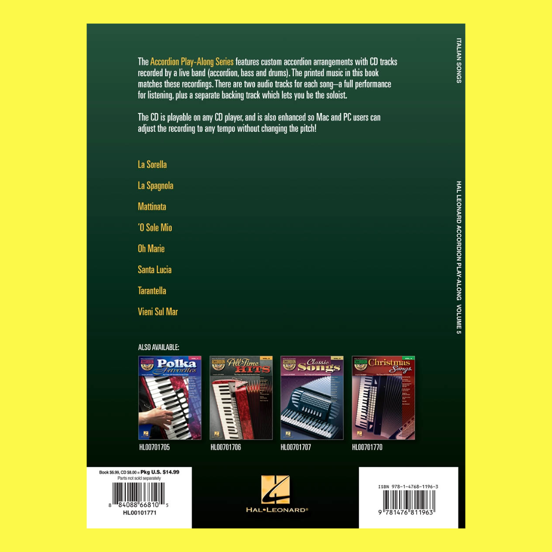 Italian Songs Accordion Play Along Volume 5 Book/Cd