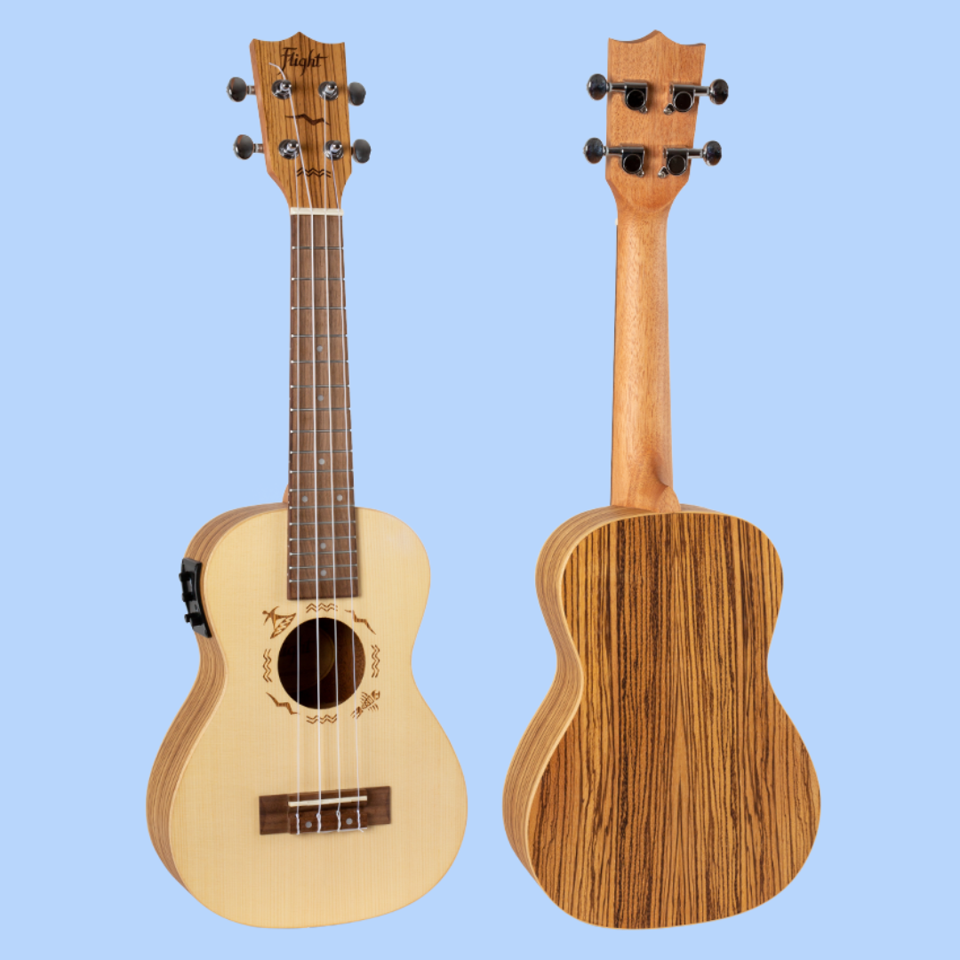 Flight DUC525CEQ Spruce Zebrawood Electro Acoustic Concert Ukulele with Padded Gig Bag