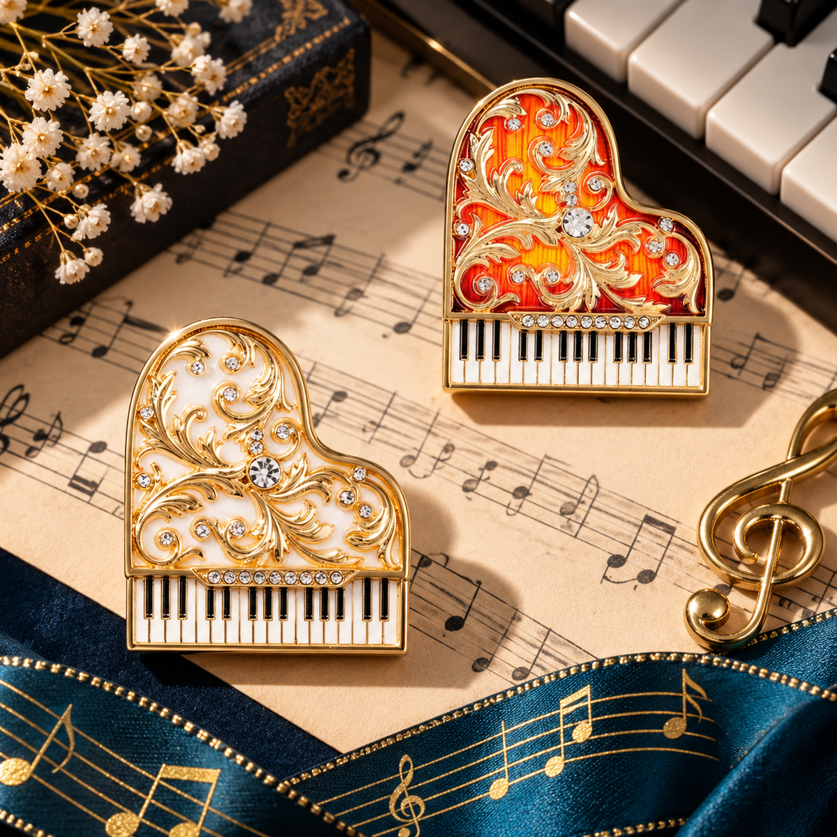 Sundry & Sound Co - Gold and White Rhinestone Piano Brooch