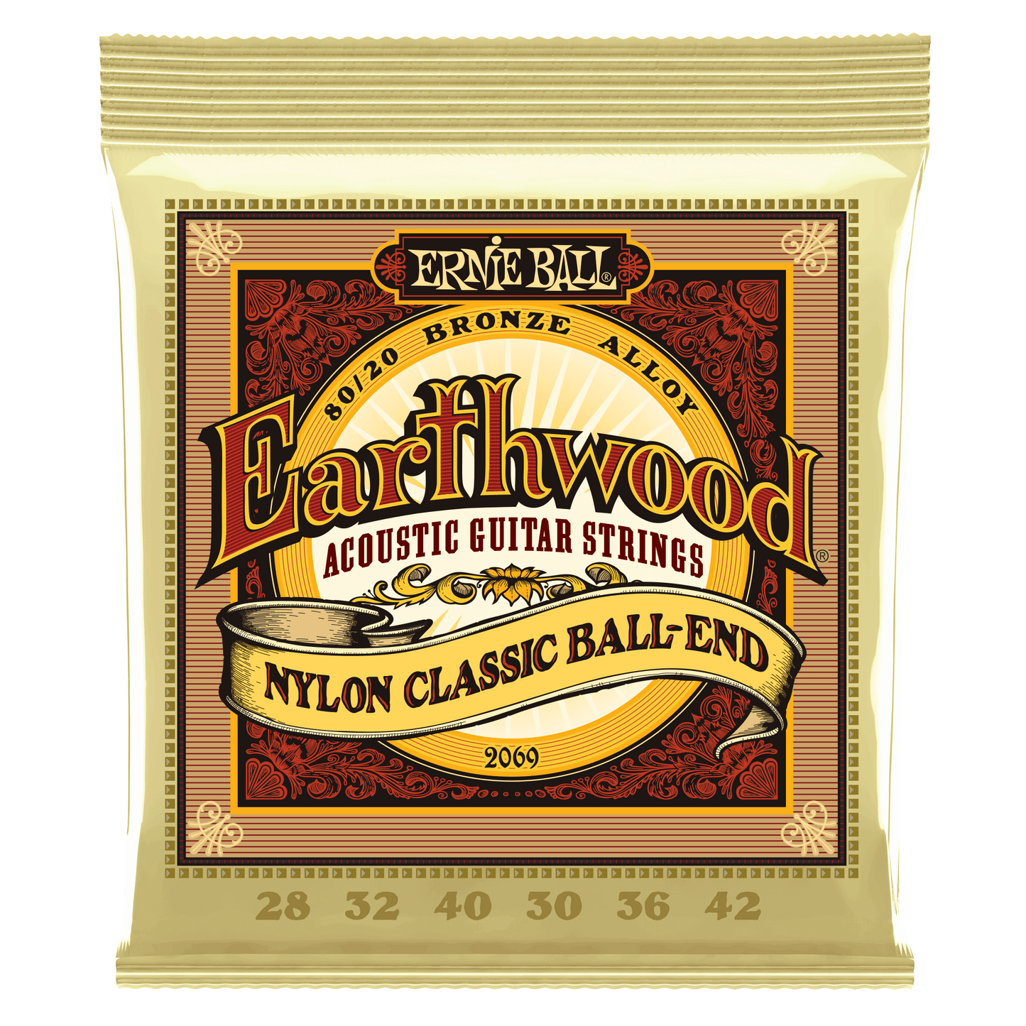 Ernie Ball Earthwood 80/20 Bronze Folk Nylon Classic Ball End Acoustic Guitar Strings Set- 28-42
