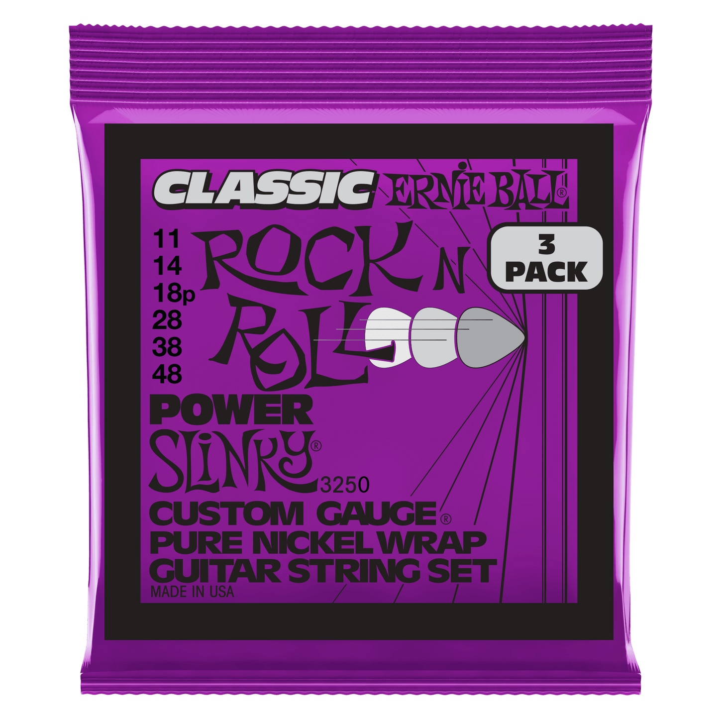 Ernie Ball Power Slinky Classic Rock n Roll Pure Nickel Electric Guitar Strings Set - 11-48 /3-Pack