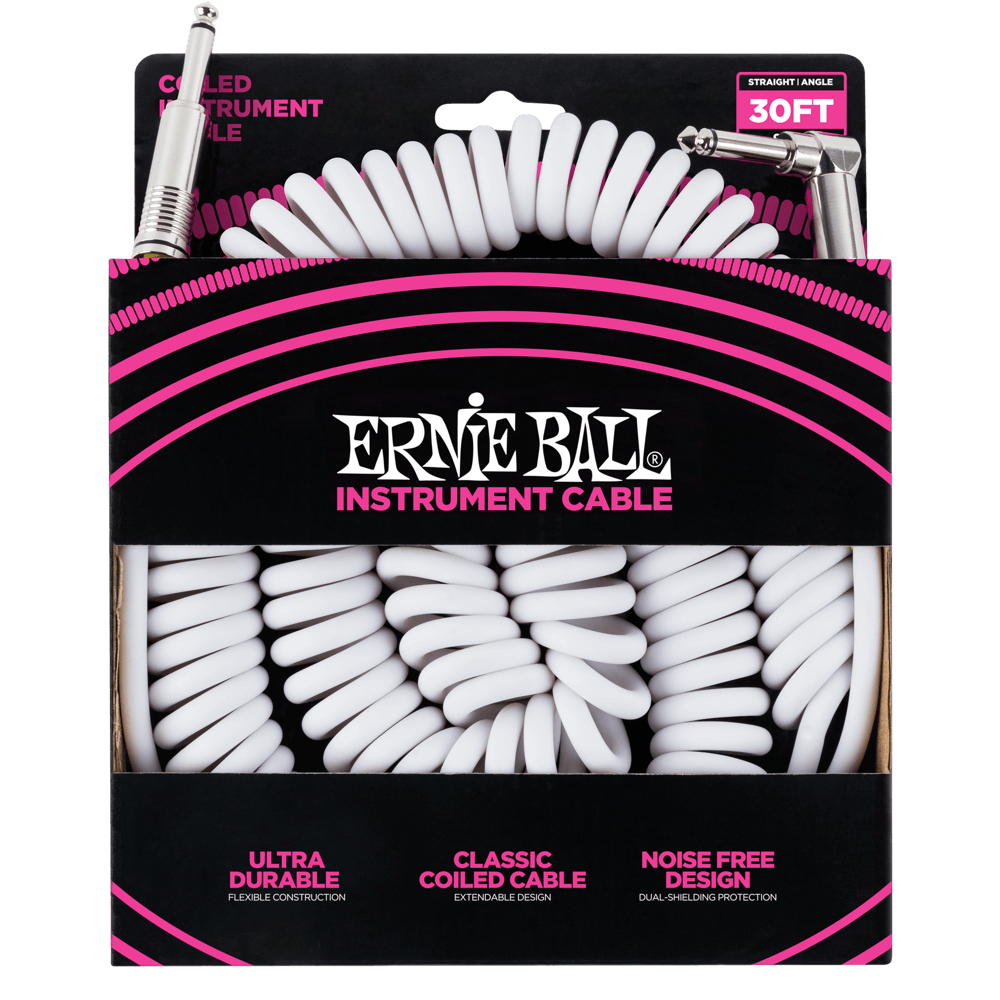Ernie Ball Coiled Straight Angle Instrument Cable, 9 Meters Length, White