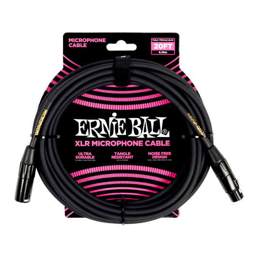 Ernie Ball 20ft Male Female XLR Microphone Cable Black