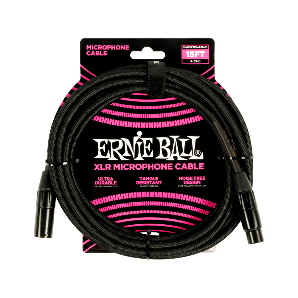 Ernie Ball 15ft Braided Male Female XLR Microphone Cable Black