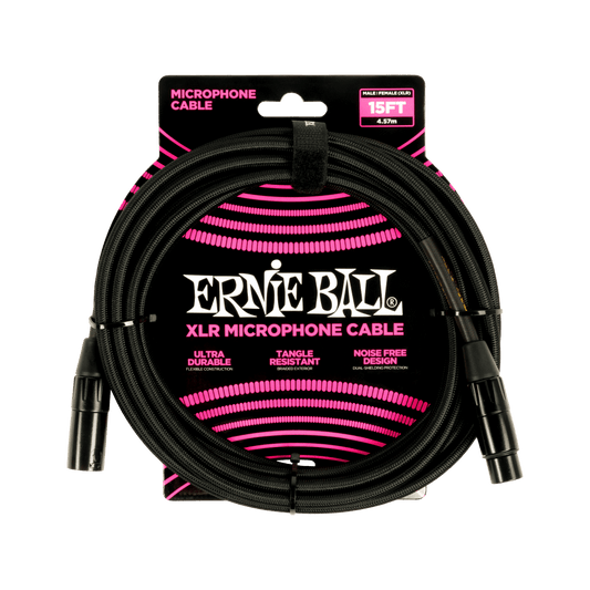 Ernie Ball 15ft Braided Male Female XLR Microphone Cable Black