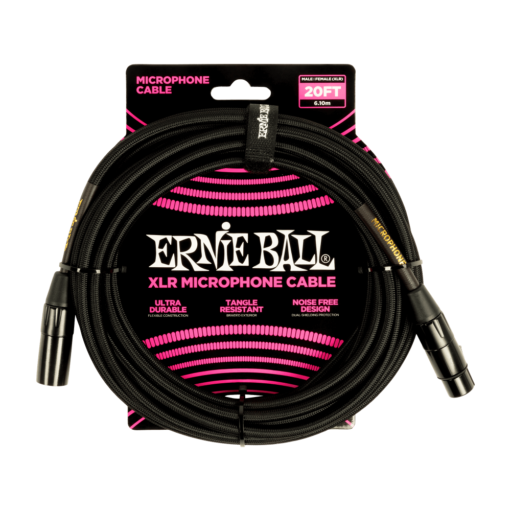Ernie Ball 20ft Braided Male Female XLR Microphone Cable Black