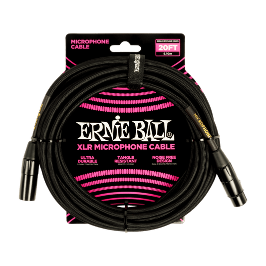 Ernie Ball 20ft Braided Male Female XLR Microphone Cable Black