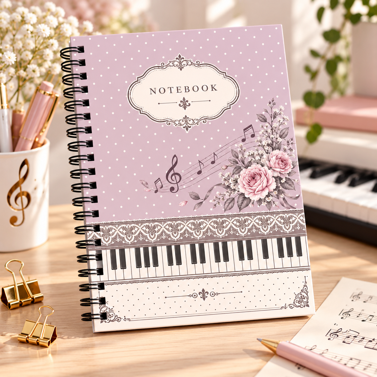 A5 Purple Polka Dot Retro Piano Spiral Notebook (60 Pages)