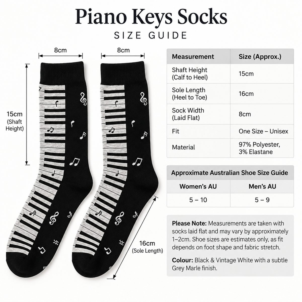 Sundry & Sound Co - Soft Black & White Piano Keys Crew Socks (Unisex)