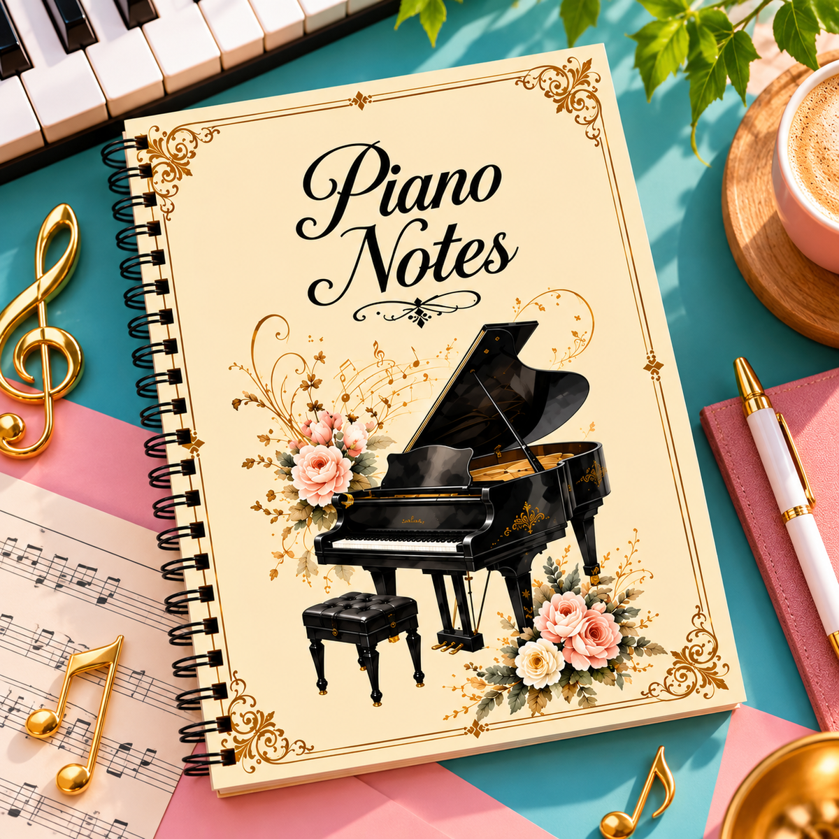A5 Vintage Floral Piano Spiral Notebook (60 Pages)