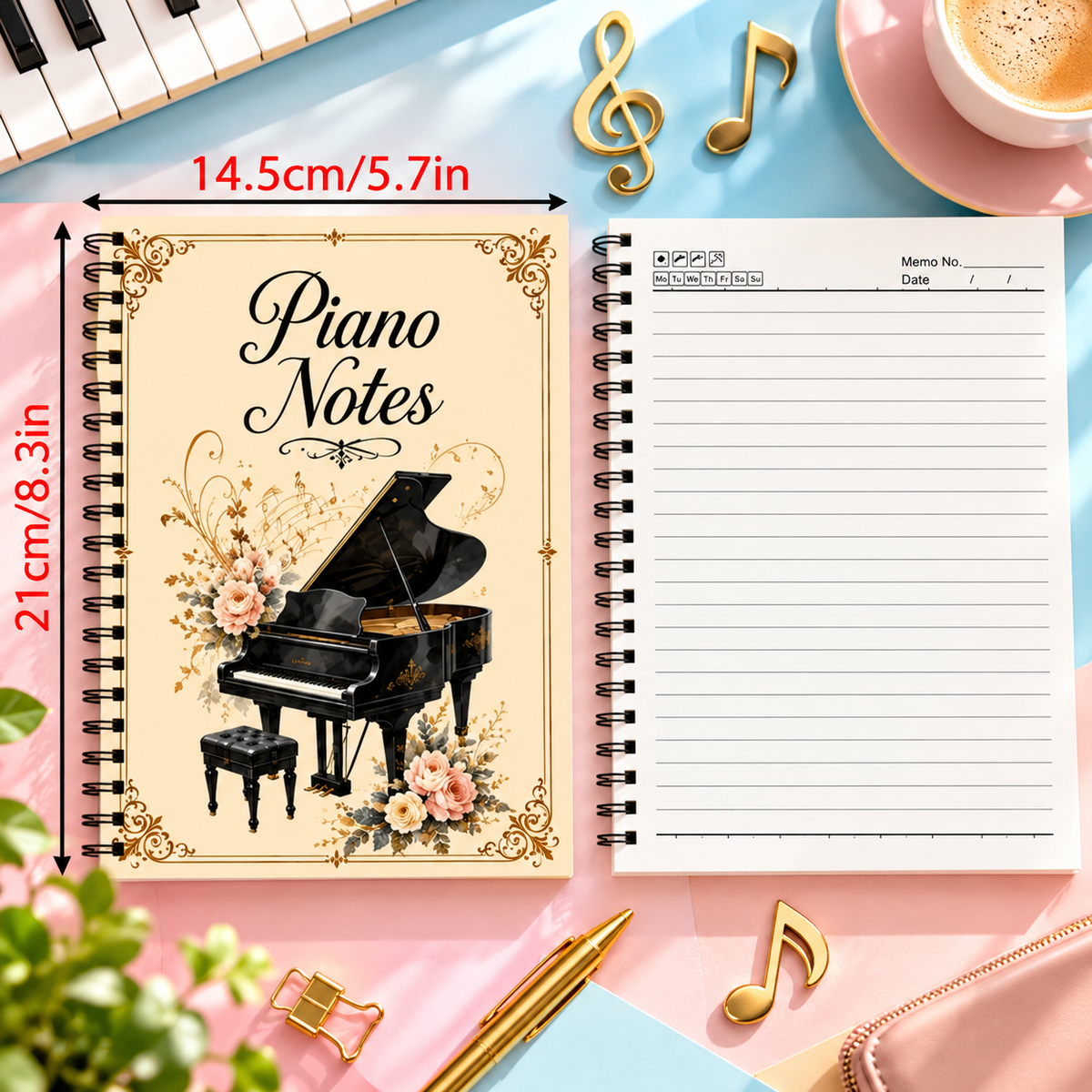 A5 Vintage Floral Piano Spiral Notebook (60 Pages)