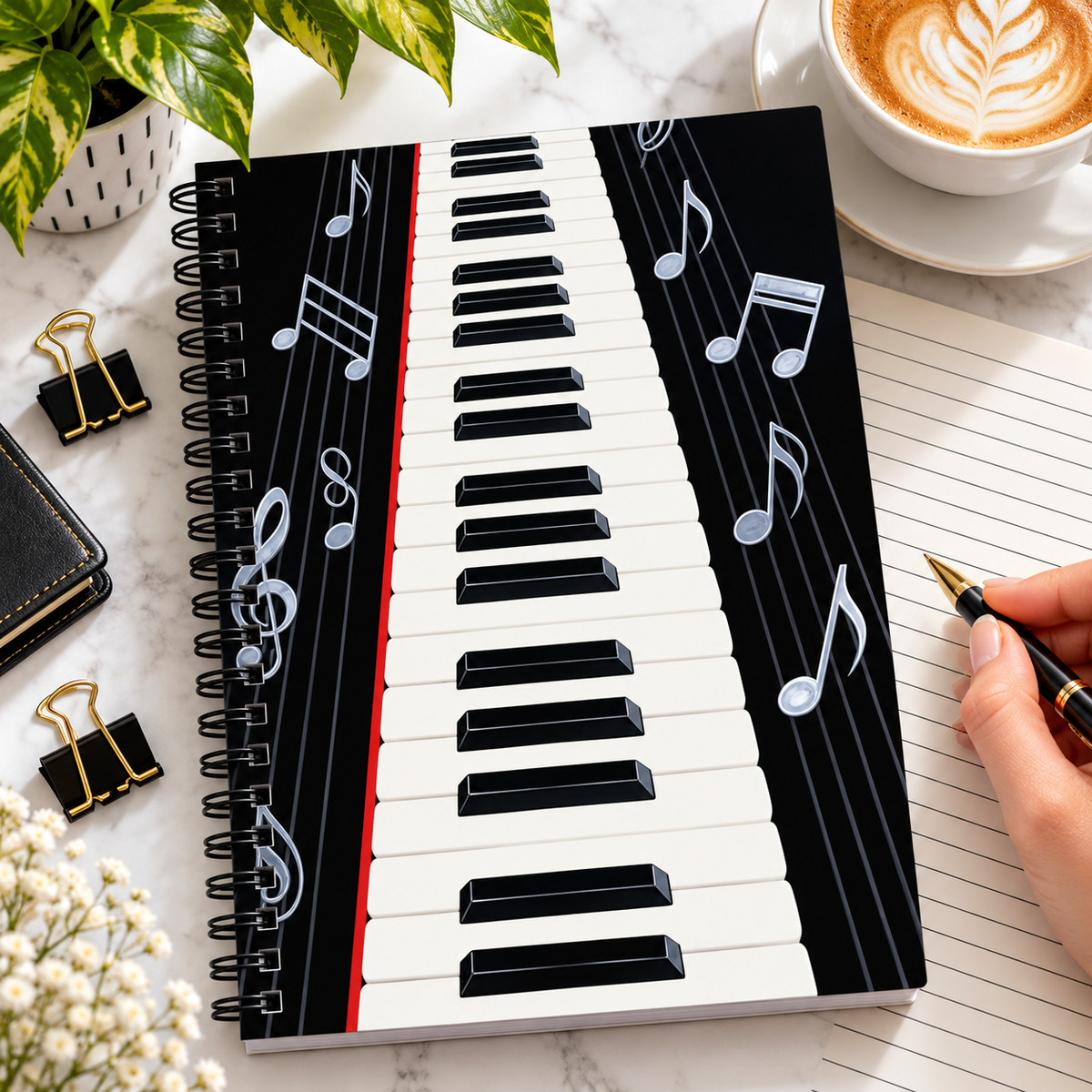 A5 Piano Keyboard and Music Notes Spiral Notebook (100 Pages)
