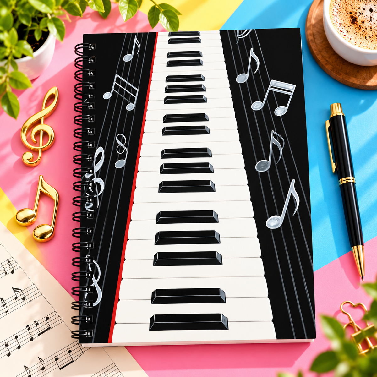 A5 Piano Keyboard and Music Notes Spiral Notebook (100 Pages)