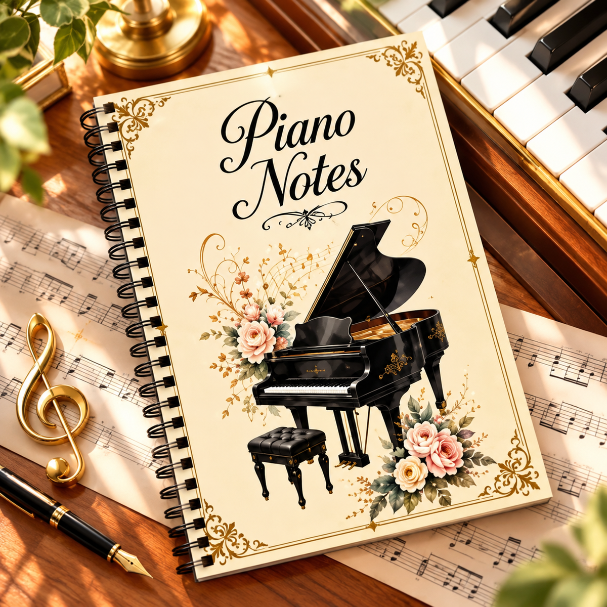 A5 Vintage Floral Piano Spiral Notebook (60 Pages)