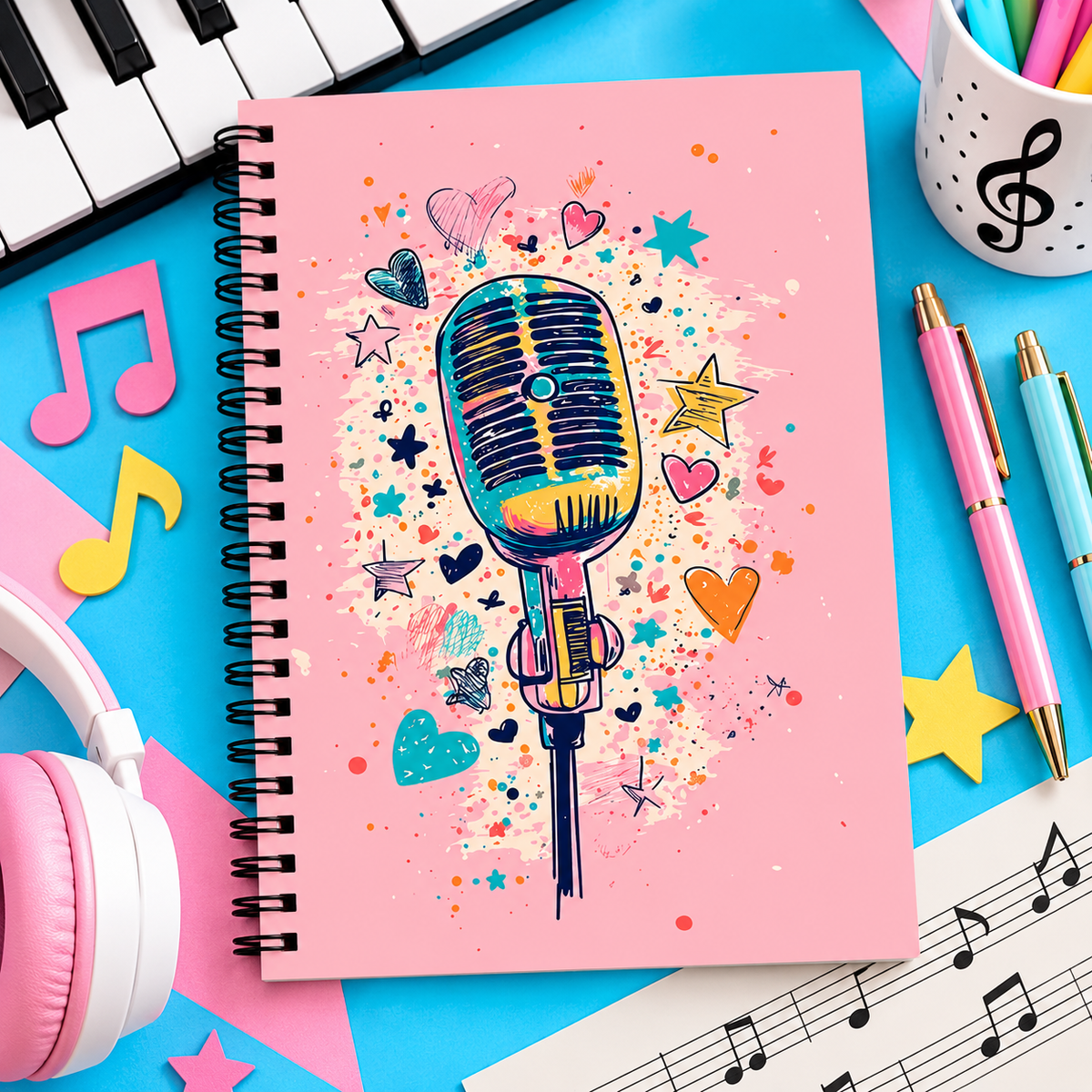 A5 Pink Vintage Microphone Notebook (100 Pages)
