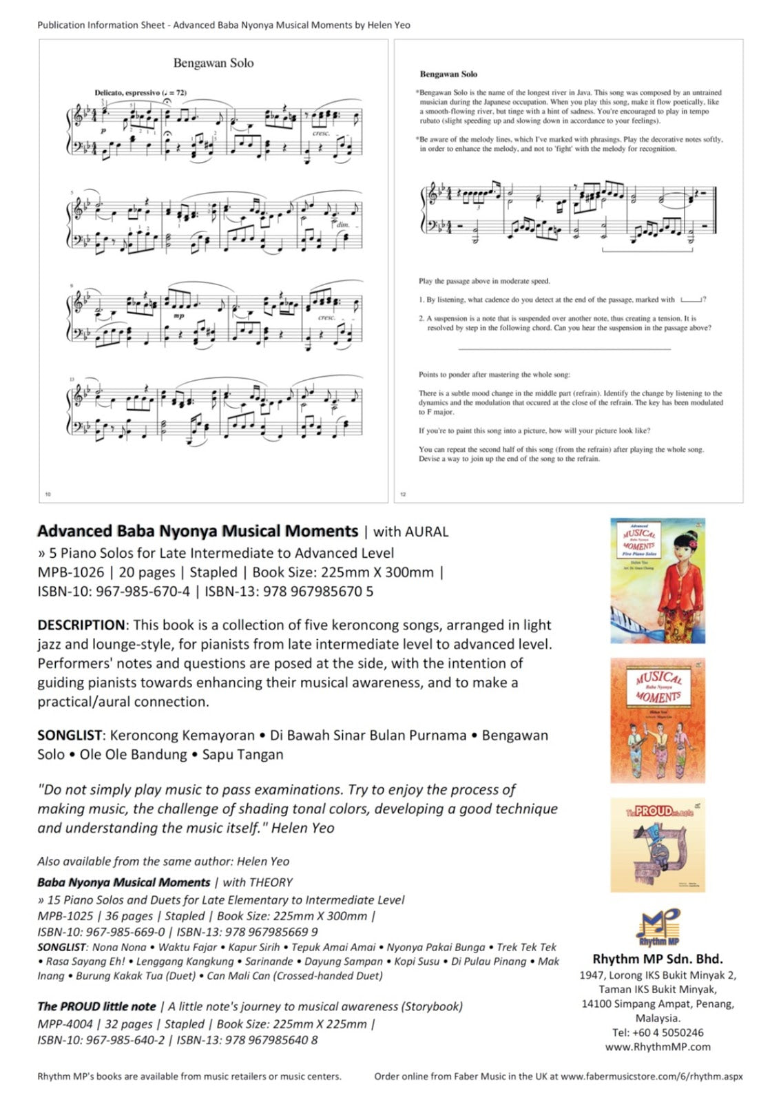 Advanced Baba Nyonya - Musical Moments for Piano Book